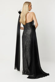 Asymmetrical Silhouette Cape Detail Evening Dress