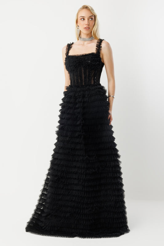 Noir Elegance Kat Kat Volanlı Couture Uzun Abiye Elbise