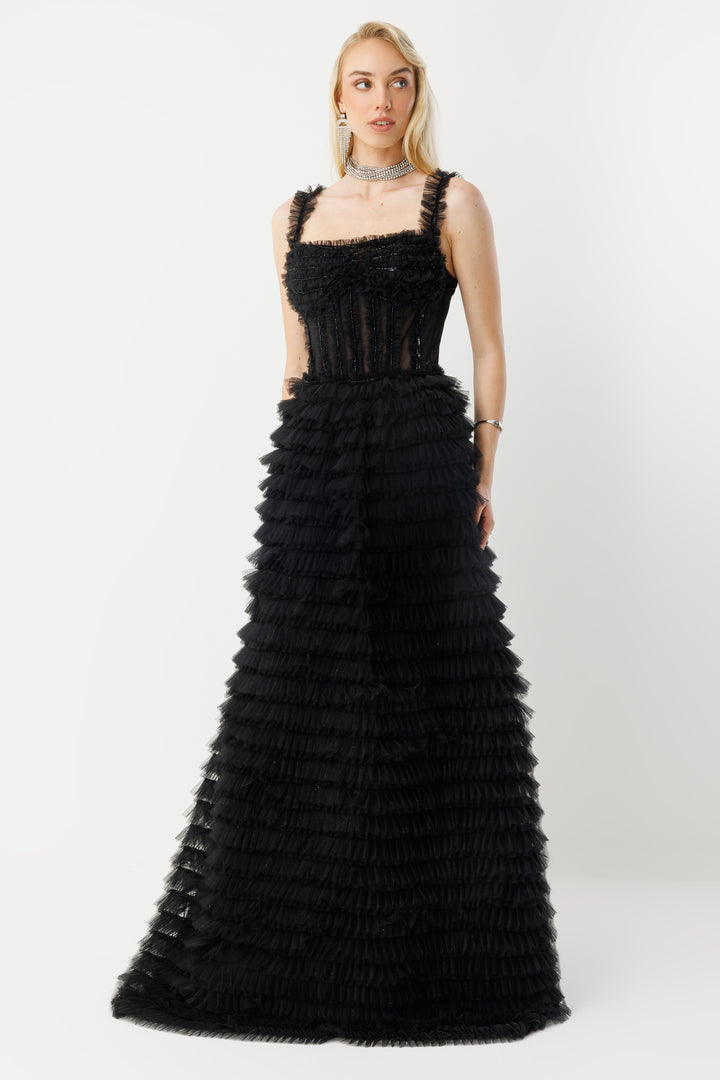 Noir Elegance Kat Kat Volanlı Couture Uzun Abiye Elbise