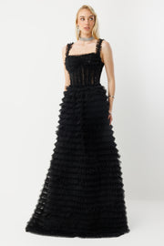 Noir Elegance Kat Kat Volanlı Couture Uzun Abiye Elbise