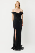 Load image into Gallery viewer, Off-the-shoulder long evening dress with appliqué and slit.