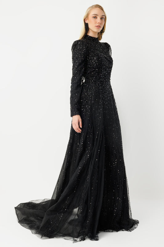 Işıltılı Houte Couture Siyah Tesettür Abiye