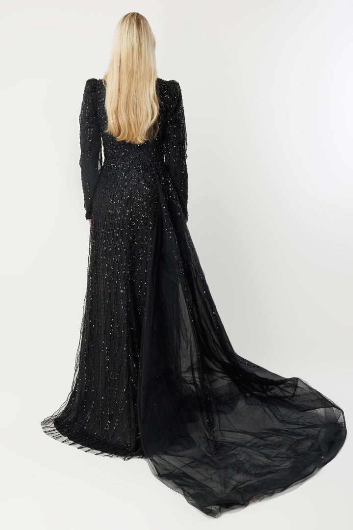 Sparkling Haute Couture Black Hijab Evening Dress
