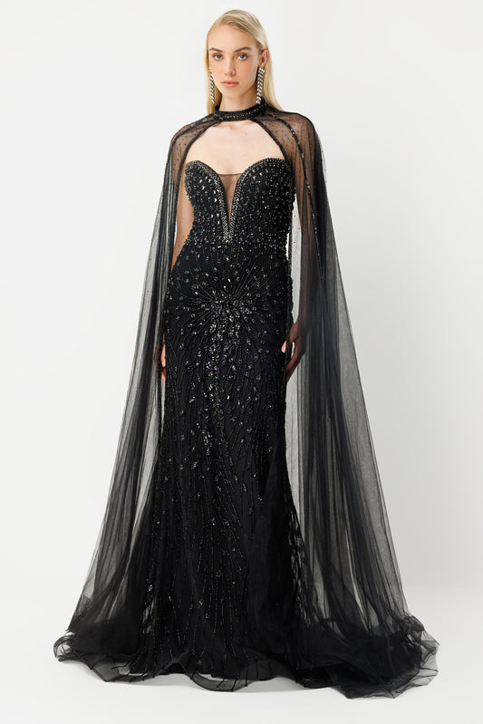Ice Queen Off-Shoulder Long Black Evening Dress