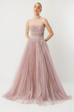 Load image into Gallery viewer, Strapless Princess Evening Dress with Tulle Details and Stone Embellishments