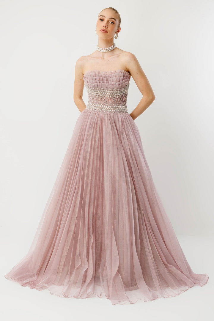Strapless Princess Evening Dress with Tulle Details and Stone Embellishments