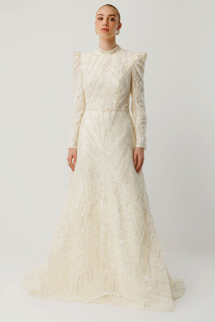 Geometrik Taş İşlemeli Ekru Tesettür Abiye