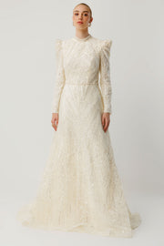 Geometrik Taş İşlemeli Ekru Tesettür Abiye