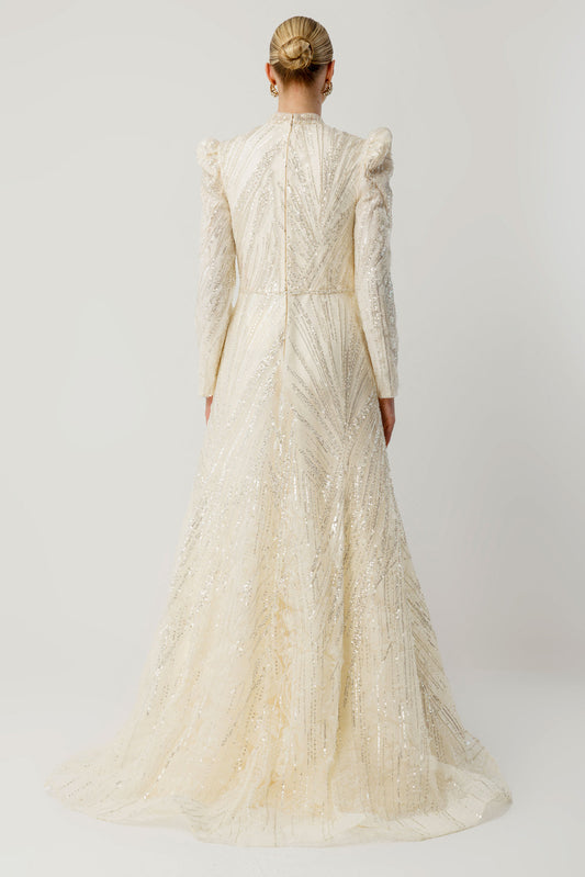 Geometrik Taş İşlemeli Ekru Tesettür Abiye