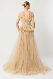 Champagne Shimmer Slit Haute Couture Evening Gown