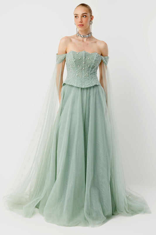 Midnight Sparkle Haute Couture Sage Evening Gown