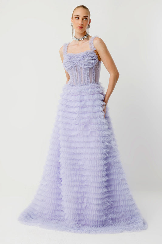 Noir Elegance Kat Kat Volanlı Couture Uzun Abiye Elbise