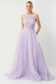 Luna Lavender Floral Textured Princess Evening Dress