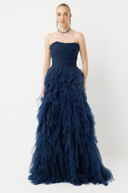 Alev Silueti Straplez Katmanlı Özel Davet Elbisesi