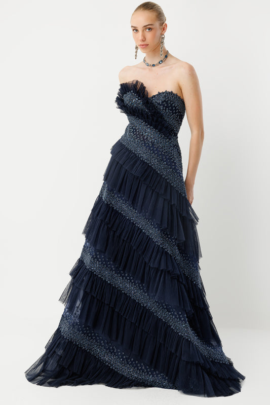 Modern Queen Layered Couture Navy Evening Gown