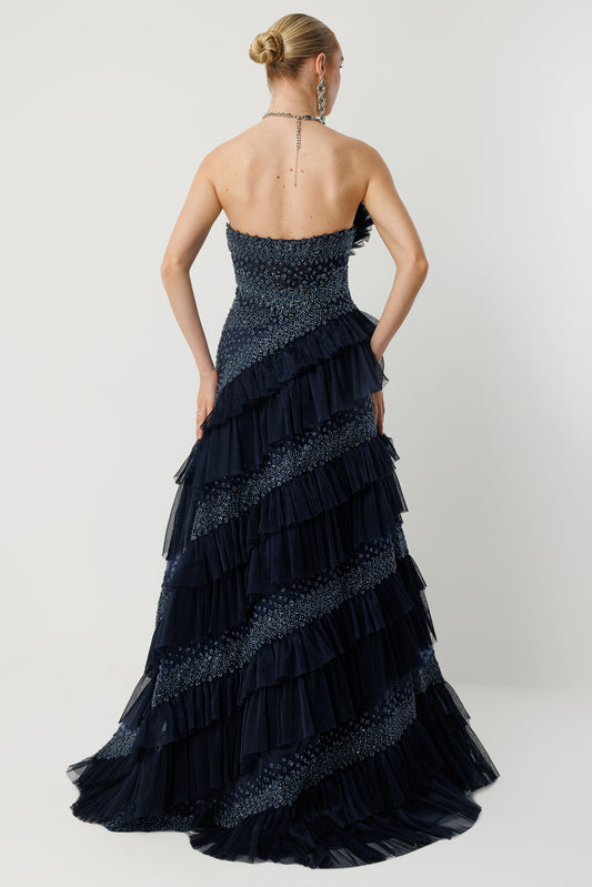 Modern Queen Layered Couture Navy Evening Gown