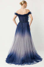 Load image into Gallery viewer, Off-the-shoulder couture navy gradient evening gown with ruffle detail.