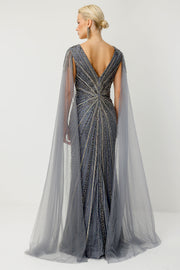 V-Neck Cape Dress with Sleeve Detail and Anthracite Stone Embellishments, Plus Size Evening Gown