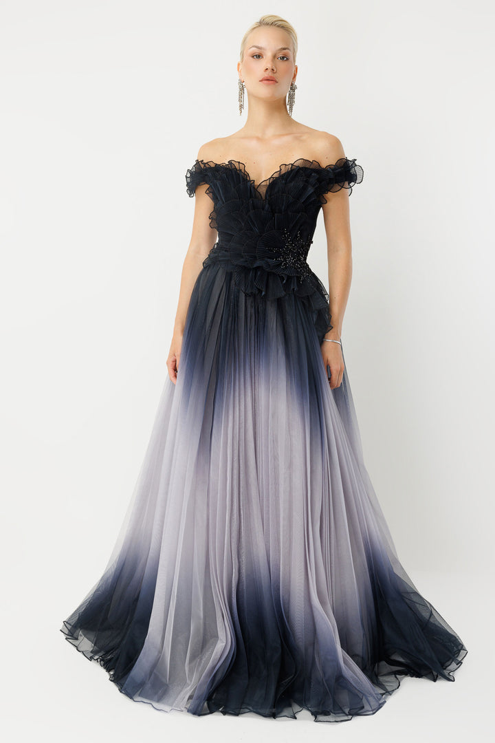 Off-the-Shoulder Couture Black Gradient Evening Dress with Ruffle Detail