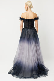 Off-the-Shoulder Couture Black Gradient Evening Dress with Ruffle Detail