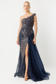 Midnight Elegance Navy Blue Evening Dress with Slit