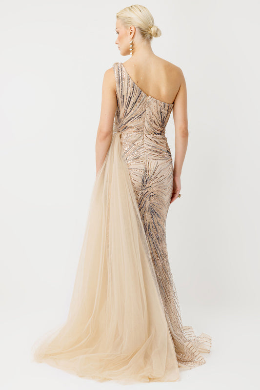 Midnight Elegance Beige Evening Dress with Slit