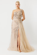Load image into Gallery viewer, Midnight Elegance Beige Evening Dress with Slit