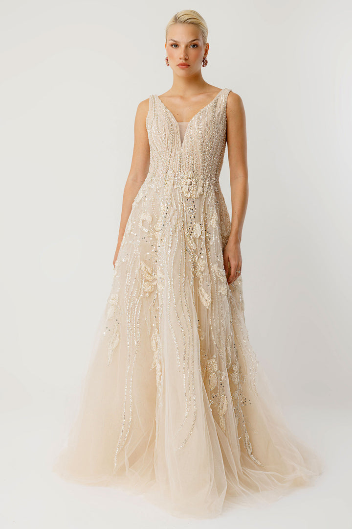 The Radiance of Elegance: Long Evening Dress with Crystal Details