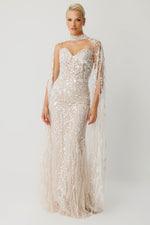 Resmi Galeri görüntüleyiciye yükleyin, Royal Sage Choker Yaka Işıltılı Transparan Pelerinli Gece Elbisesi