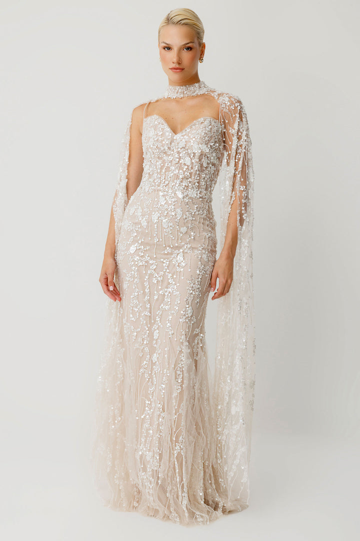 Royal Sage Choker Yaka Işıltılı Transparan Pelerinli Gece Elbisesi