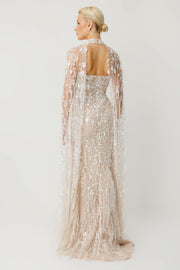 Royal Sage Choker Yaka Işıltılı Transparan Pelerinli Gece Elbisesi