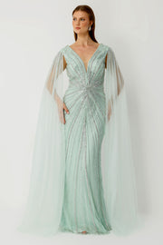 V-Neck Cape Dress with Sleeve Detail, Mint Stone Embellished, Plus Size Evening Dress