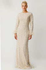 Load image into Gallery viewer, Beige Hijab Evening Dress with Feather Details and Embroidery