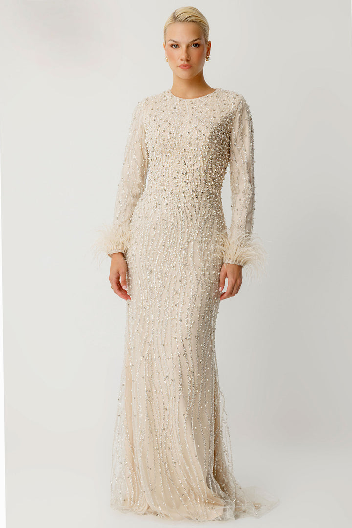 Beige Hijab Evening Dress with Feather Details and Embroidery