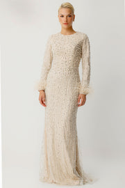 Tüy Detaylı İşlemeli Bej Tesettür Abiye