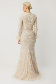 Tüy Detaylı İşlemeli Bej Tesettür Abiye