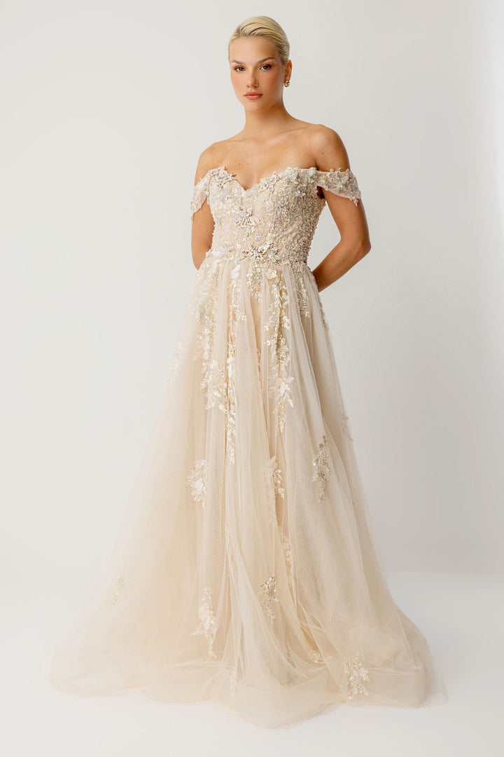 Gold Shimmering Hand-Embroidered Tulle Princess Gown