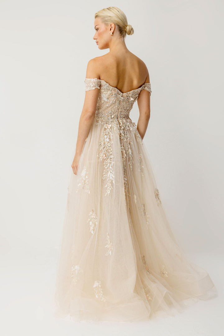 Gold Shimmering Hand-Embroidered Tulle Princess Gown