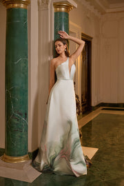 فستان سهرة من القماش المنقوش بتفاصيل كتف واحد