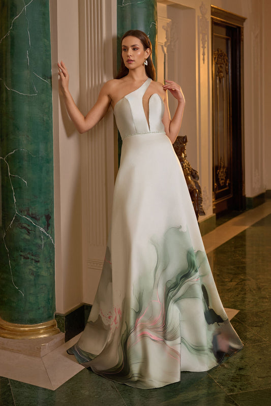 Patterned Fabric One-Shoulder Detailed Evening Dress