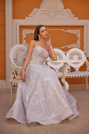 PATTERNED STRAPLESS JACQUARD FABRIC EVENING DRESS