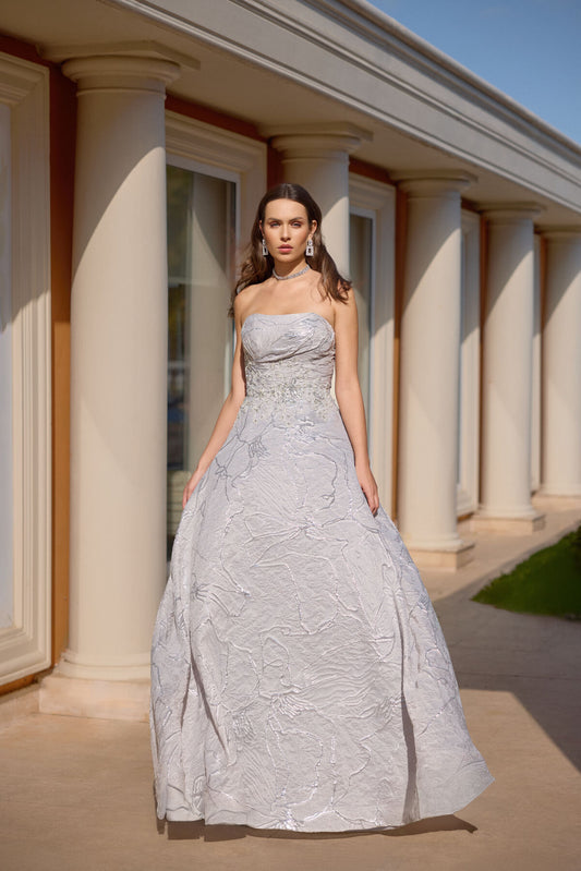 PATTERNED STRAPLESS JACQUARD FABRIC EVENING DRESS