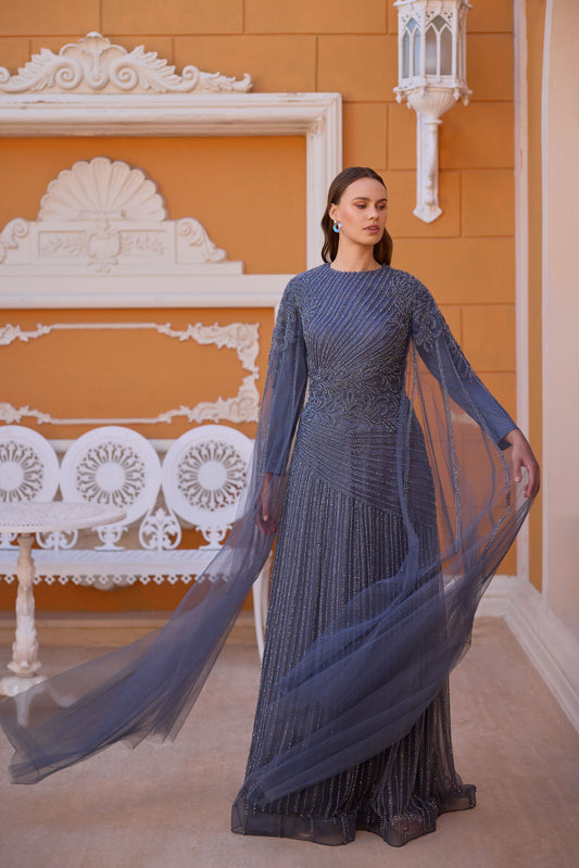 SPECIAL DESIGN EVENING DRESS WITH HOOP EMBROIDERY