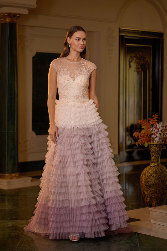 Zarif Kat Kat Tül İşlemeli Lavanta Abiye Elbise