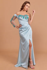 Load image into Gallery viewer, Stone Embroidered Gathered Waist Tulle Sleeve Evening Dress
