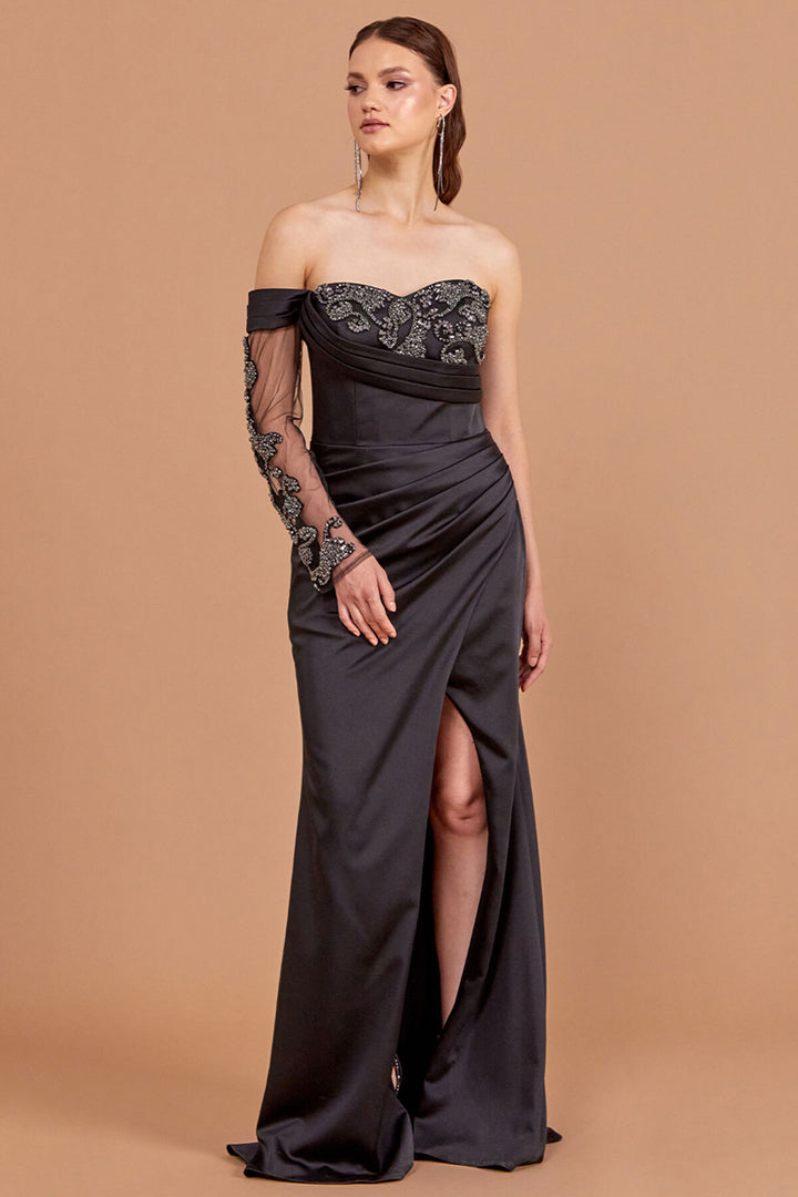 Stone Embroidered Gathered Waist Tulle Sleeve Evening Dress