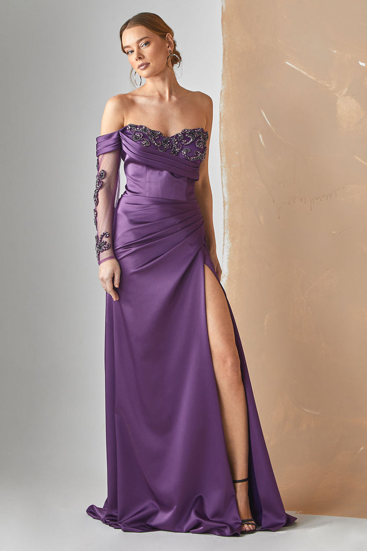 Stone Embroidered Gathered Waist Tulle Sleeve Evening Dress