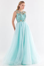 Load image into Gallery viewer, Tulle Embroidered Strapless Look Evening Dress
