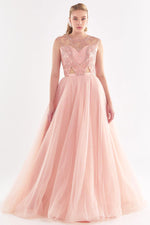 Load image into Gallery viewer, Tulle Embroidered Strapless Look Evening Dress
