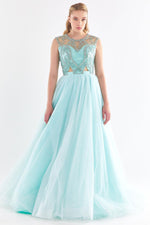 Load image into Gallery viewer, Tulle Embroidered Strapless Look Evening Dress
